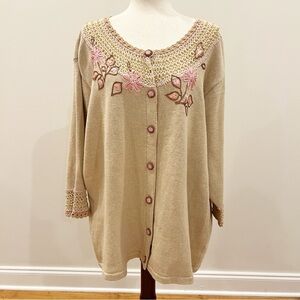 Storybook Knits Cardigan Women 3X Beige Crochet Embroidered Floral Beads Granny